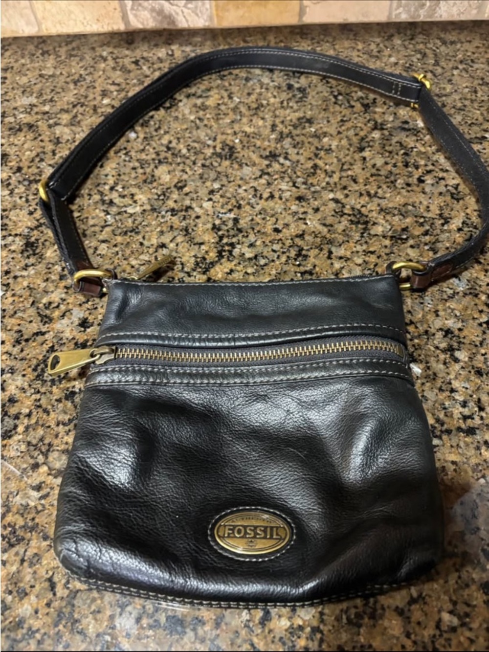 Fossil Black Leather Crossbody with Gold Details
